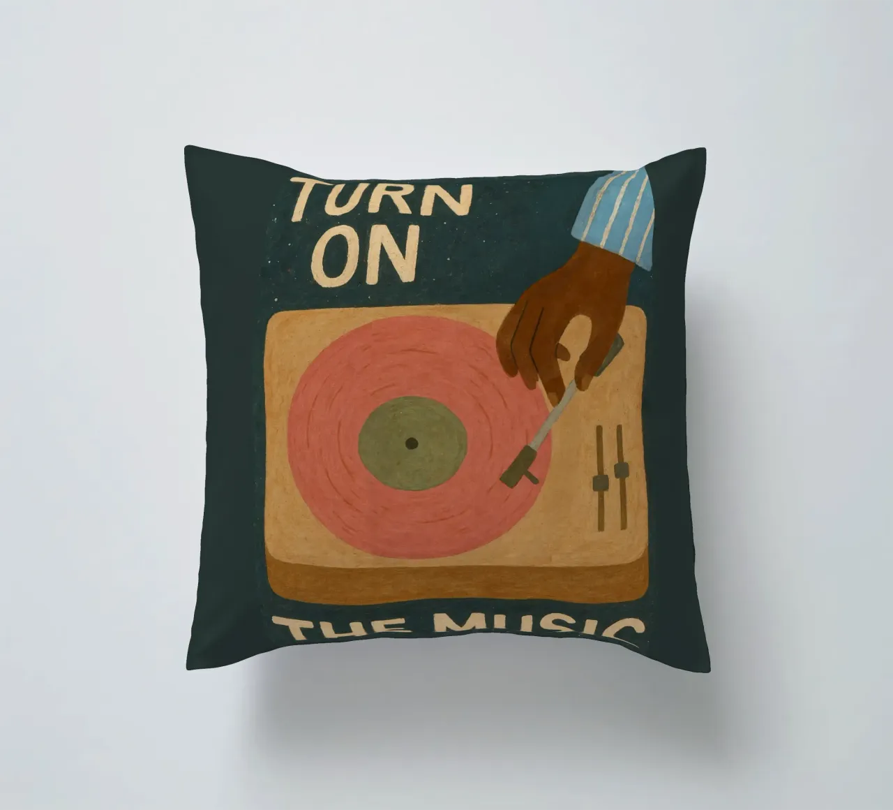 Turn On The Music - Retro music poster with record player decorative cushion by Studio Mooodz