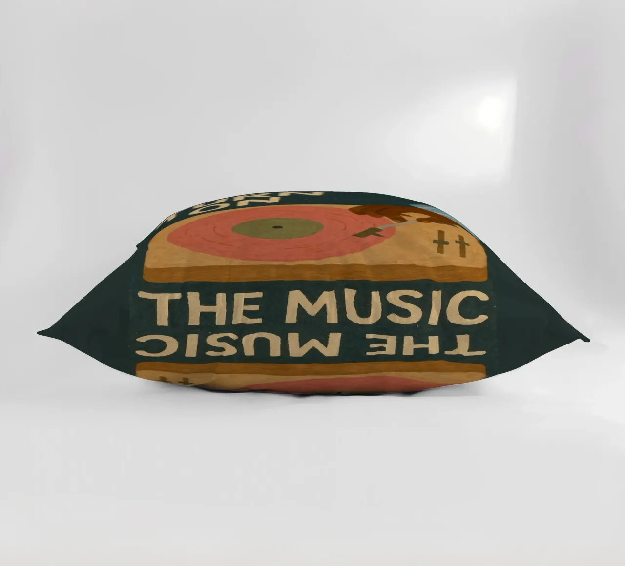 Turn On The Music - Retro music poster with record player decorative cushion by Studio Mooodz