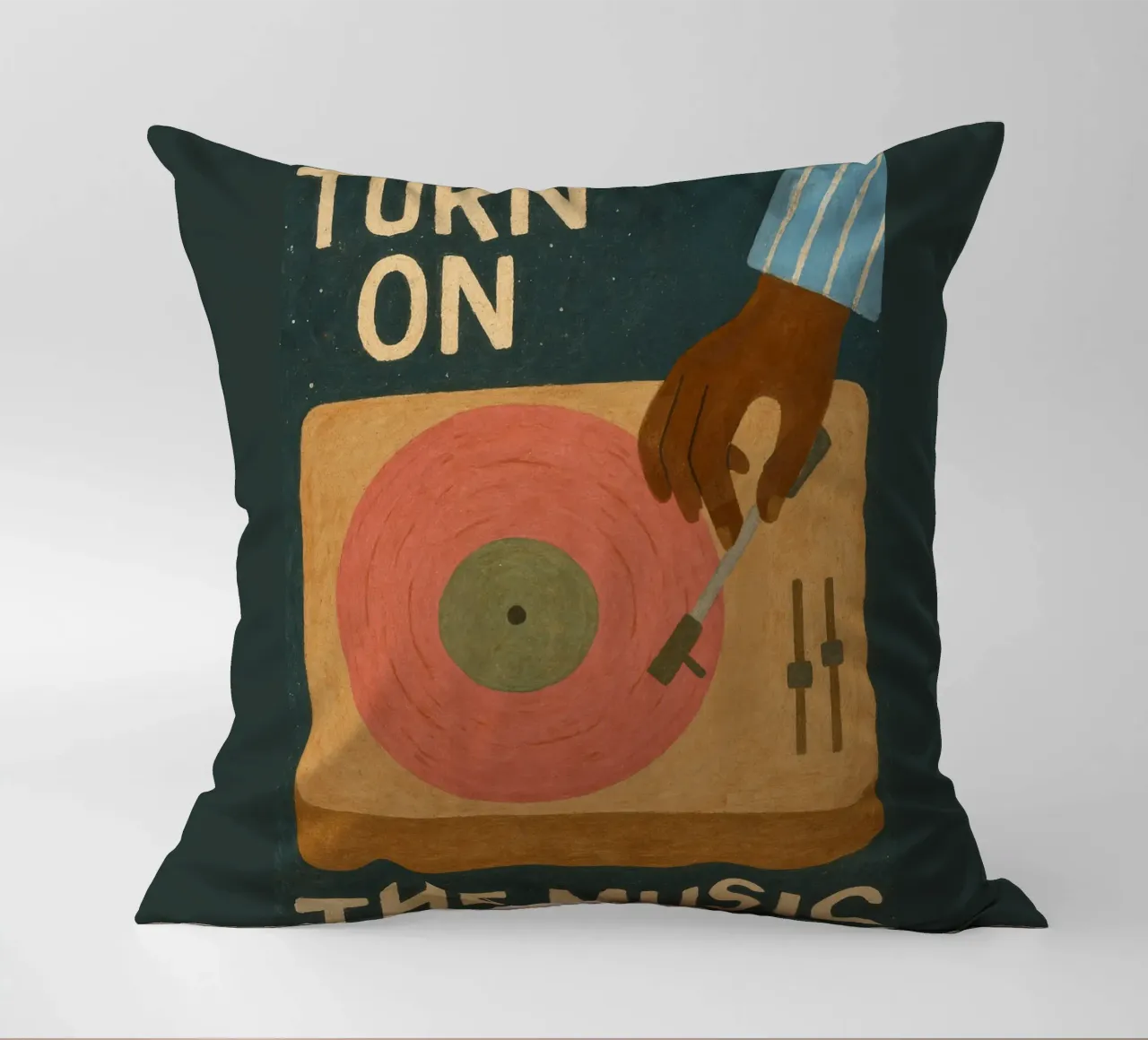 Turn On The Music - Retro music poster with record player decorative cushion by Studio Mooodz