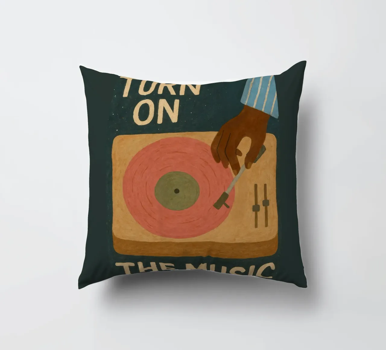 Turn On The Music - Retro music poster with record player decorative cushion by Studio Mooodz