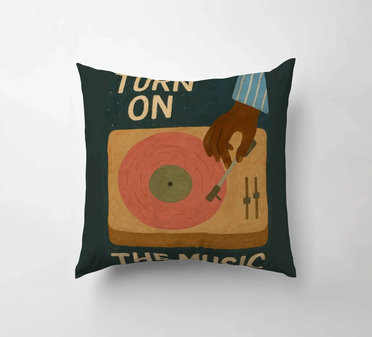 Turn On The Music - Retro music poster with record player decorative cushion by Studio Mooodz
