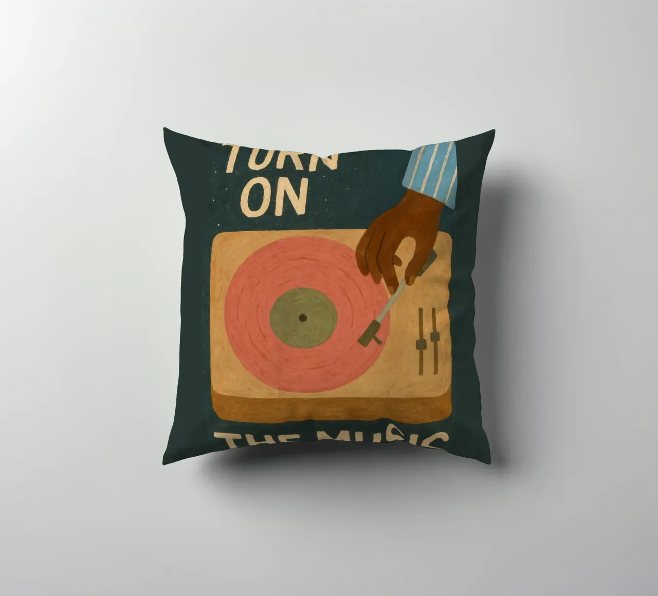 Turn On The Music - Retro music poster with record player decorative cushion by Studio Mooodz