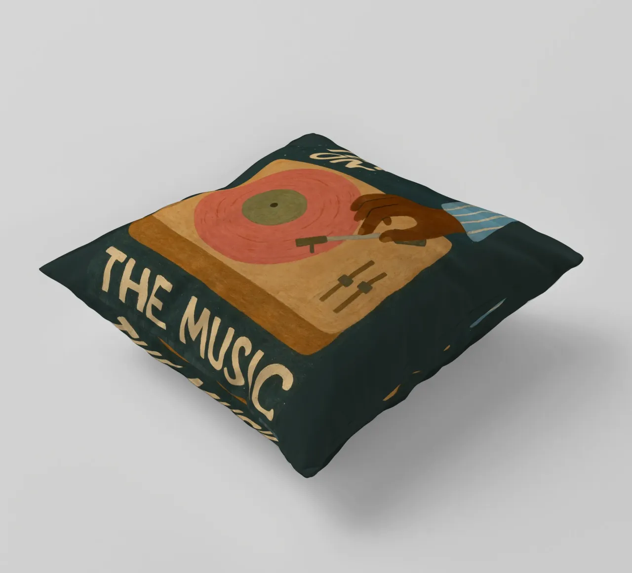 Turn On The Music - Retro music poster with record player decorative cushion by Studio Mooodz