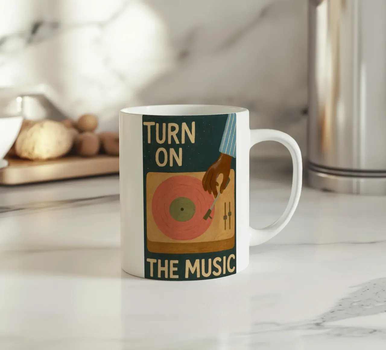 Turn On The Music - Retro music poster with record player ceramic mug by Studio Mooodz