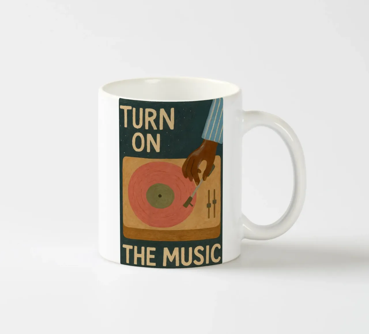 Turn On The Music - Retro music poster with record player ceramic mug by Studio Mooodz