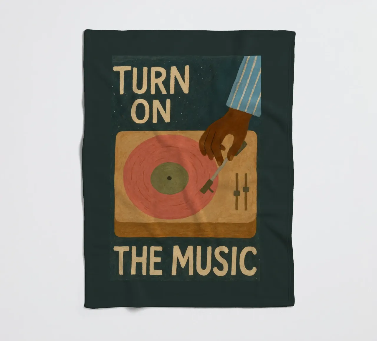 Turn On The Music - Retro music poster with record player fleece blanket by Studio Mooodz