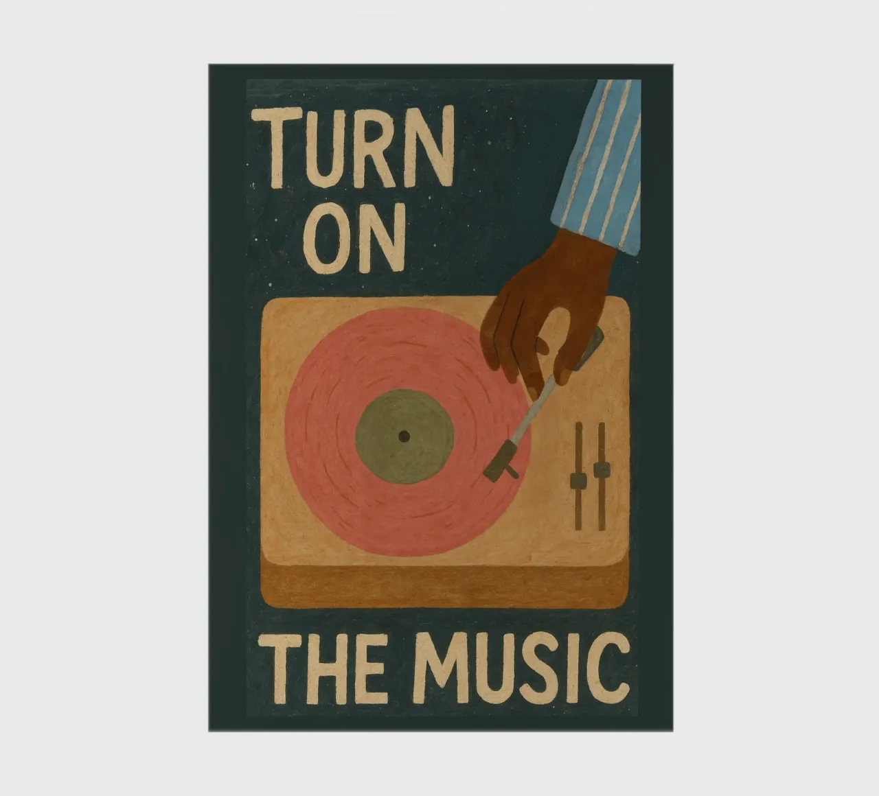 Turn On The Music - Retro music poster with record player notebook by Studio Mooodz
