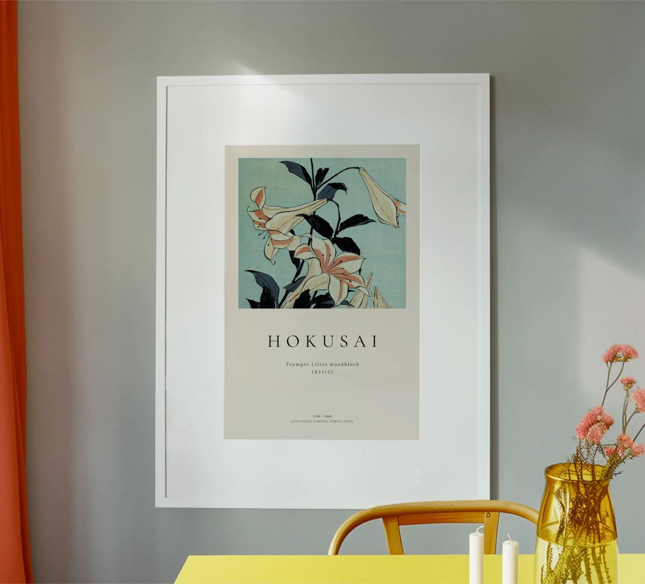 Hokusai - Trumpet Lilies poster with aluminum frame by ARTOTHEK