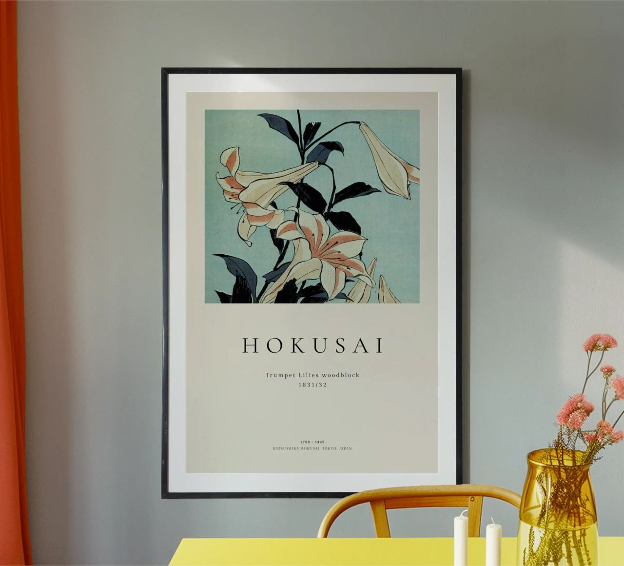 Hokusai - Trumpet Lilies poster with aluminum frame by ARTOTHEK