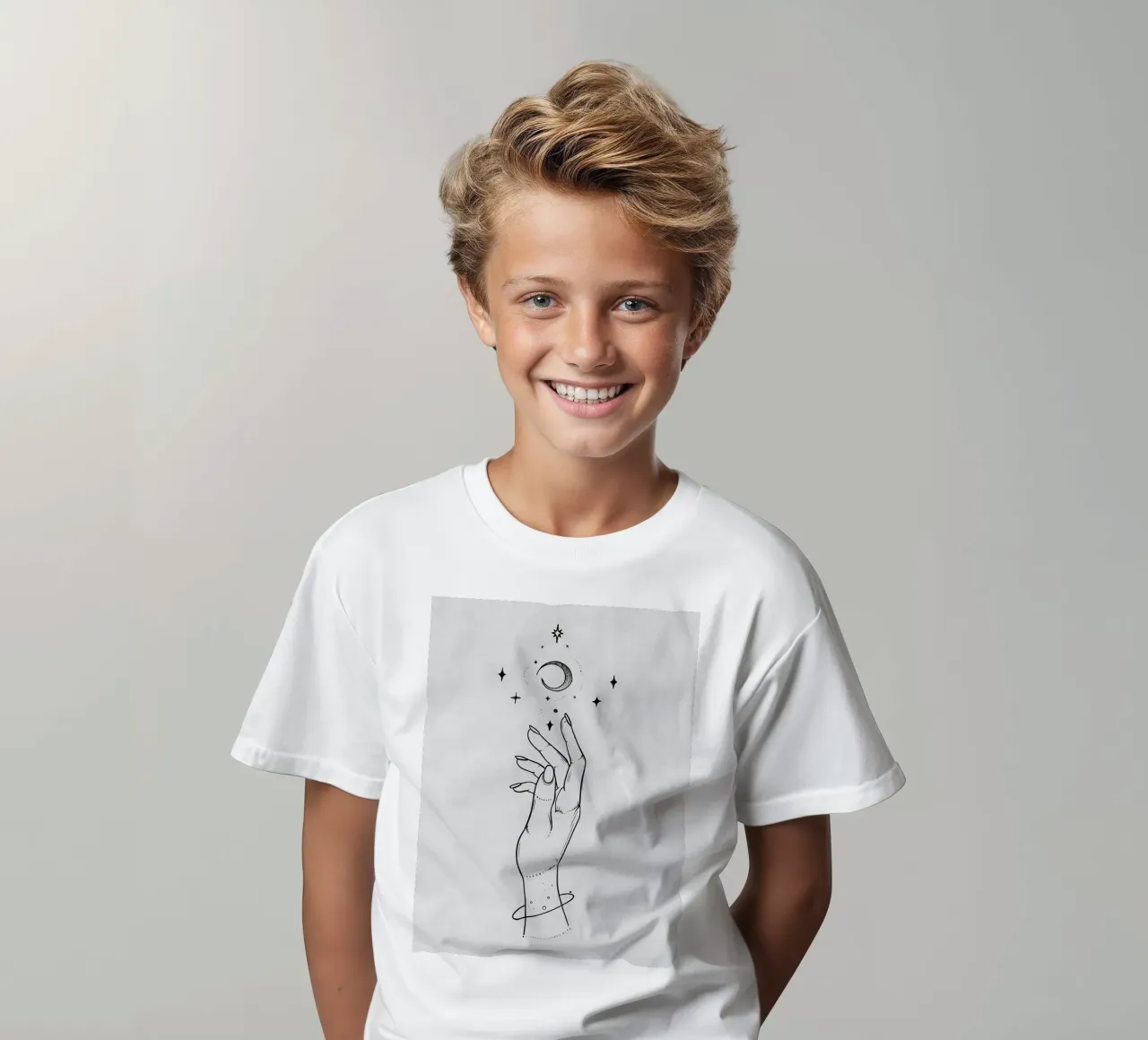Zum Mond und zu den Sternen Minimalistische Linienkunst Kinder T-Shirt von Viv Line Art