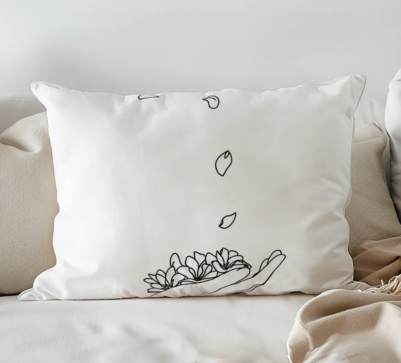 Petali di fiori in mano Line Art minimalista cuscino da Viv Line Art