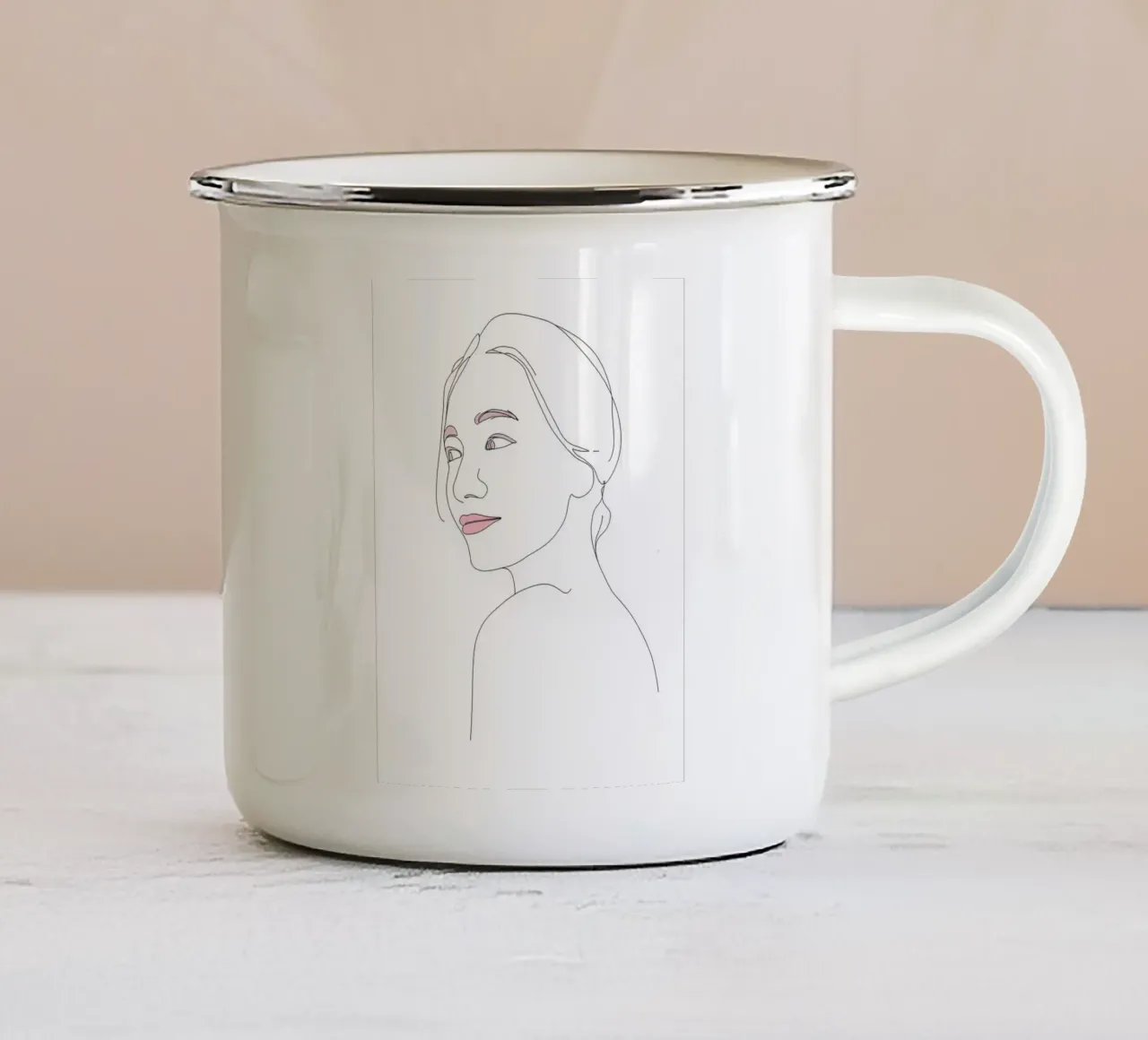 Volto di donna Line Art minimalista tazza in smalto da Viv Line Art