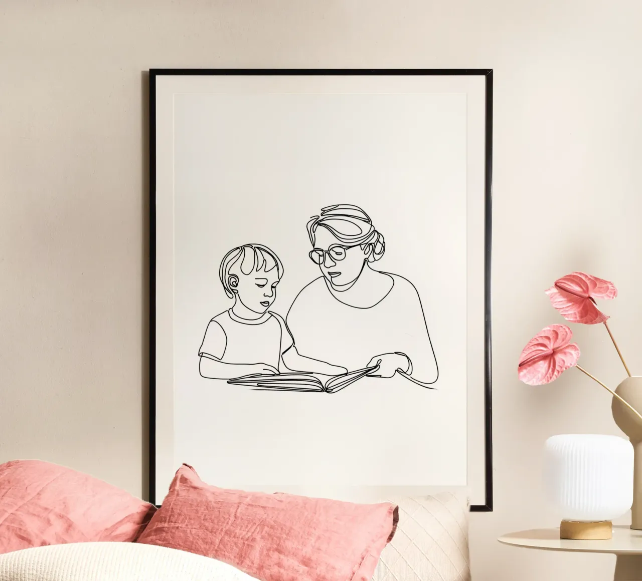 Großmutter mit Kind Minimalist Line Art Hahnemühle von Viv Line Art