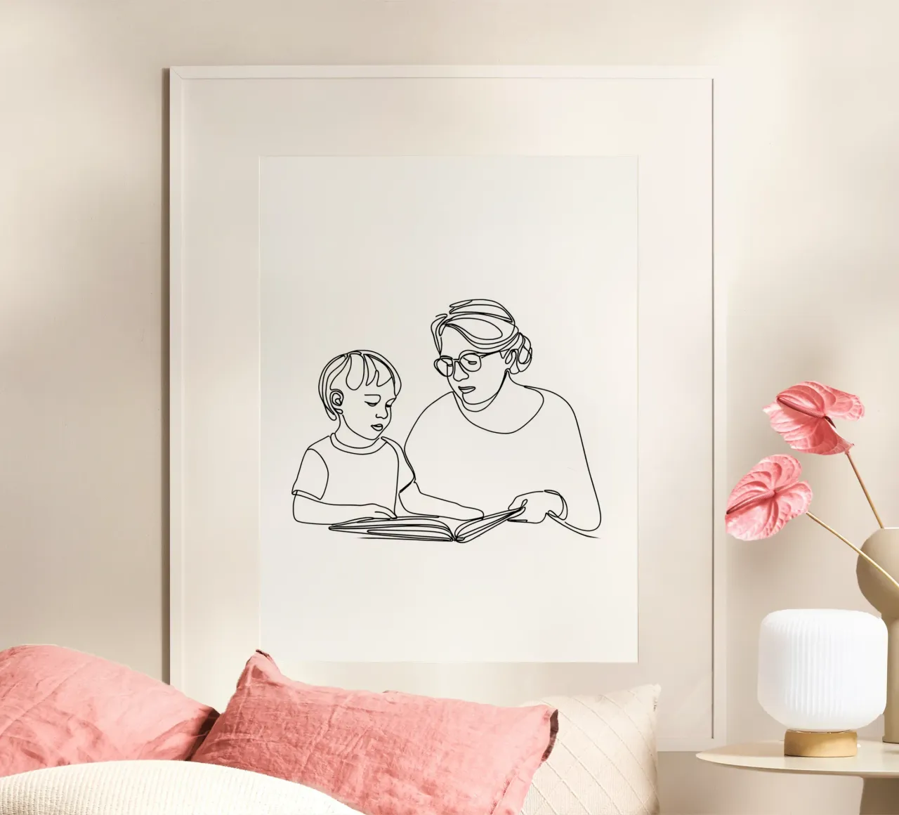 Großmutter mit Kind Minimalist Line Art Hahnemühle von Viv Line Art