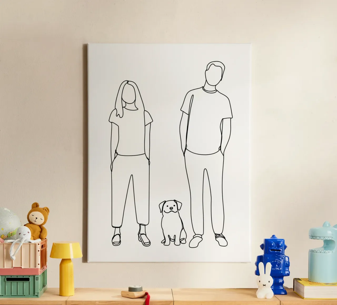 Coppia con cane Line Art minimalista tela da Viv Line Art