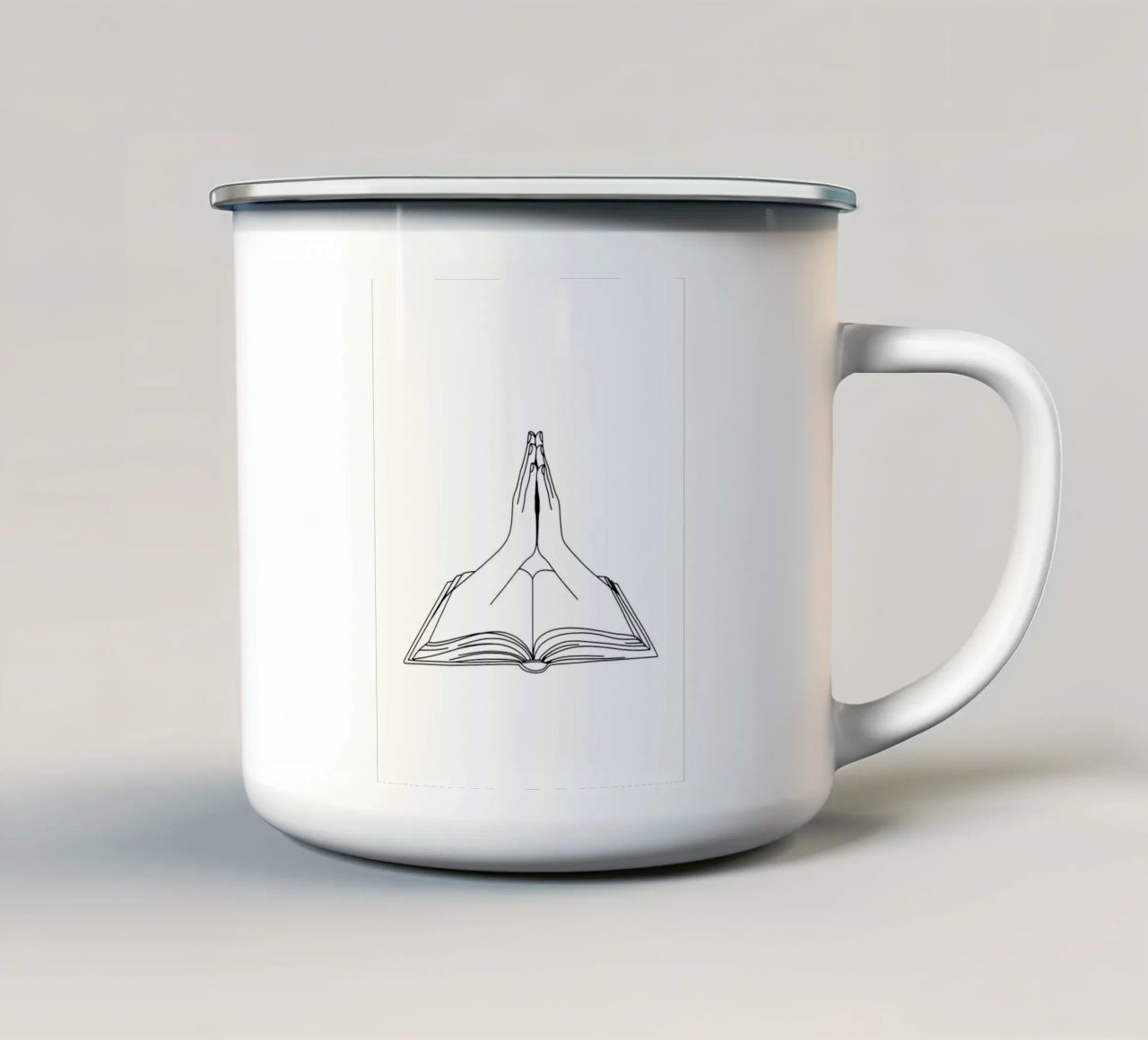 Mani in preghiera dal libro aperto Line Art minimalista tazza in smalto da Viv Line Art
