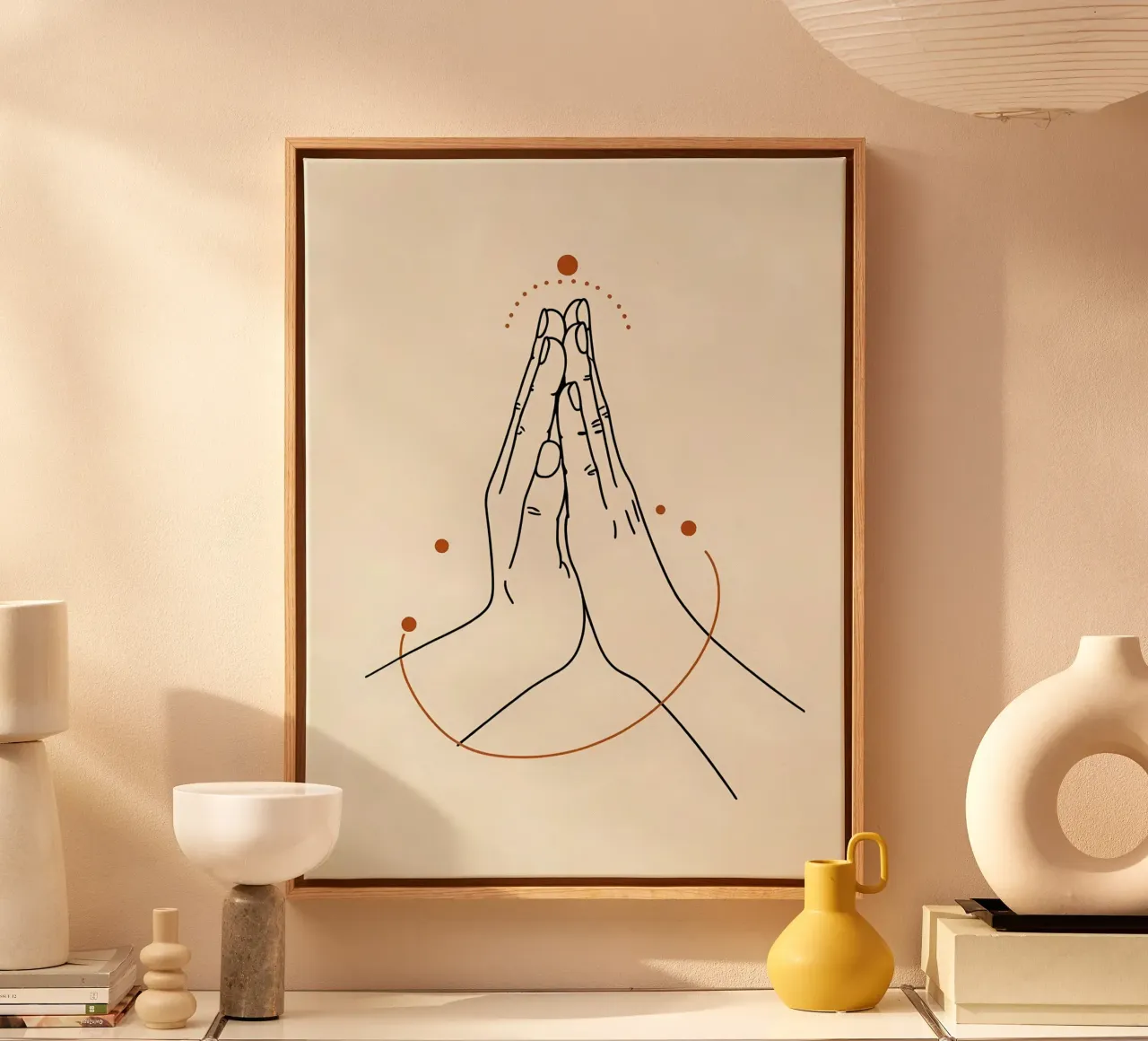 Manos en oración Minimalist Line Art lienzo con Marco flotante de Viv Line Art