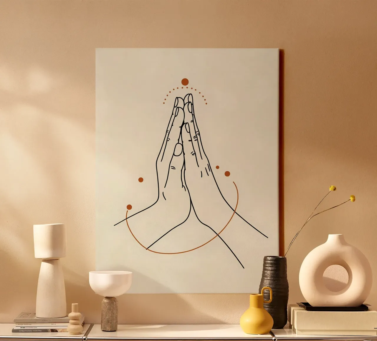 Manos en oración Minimalist Line Art lienzo con Marco flotante de Viv Line Art