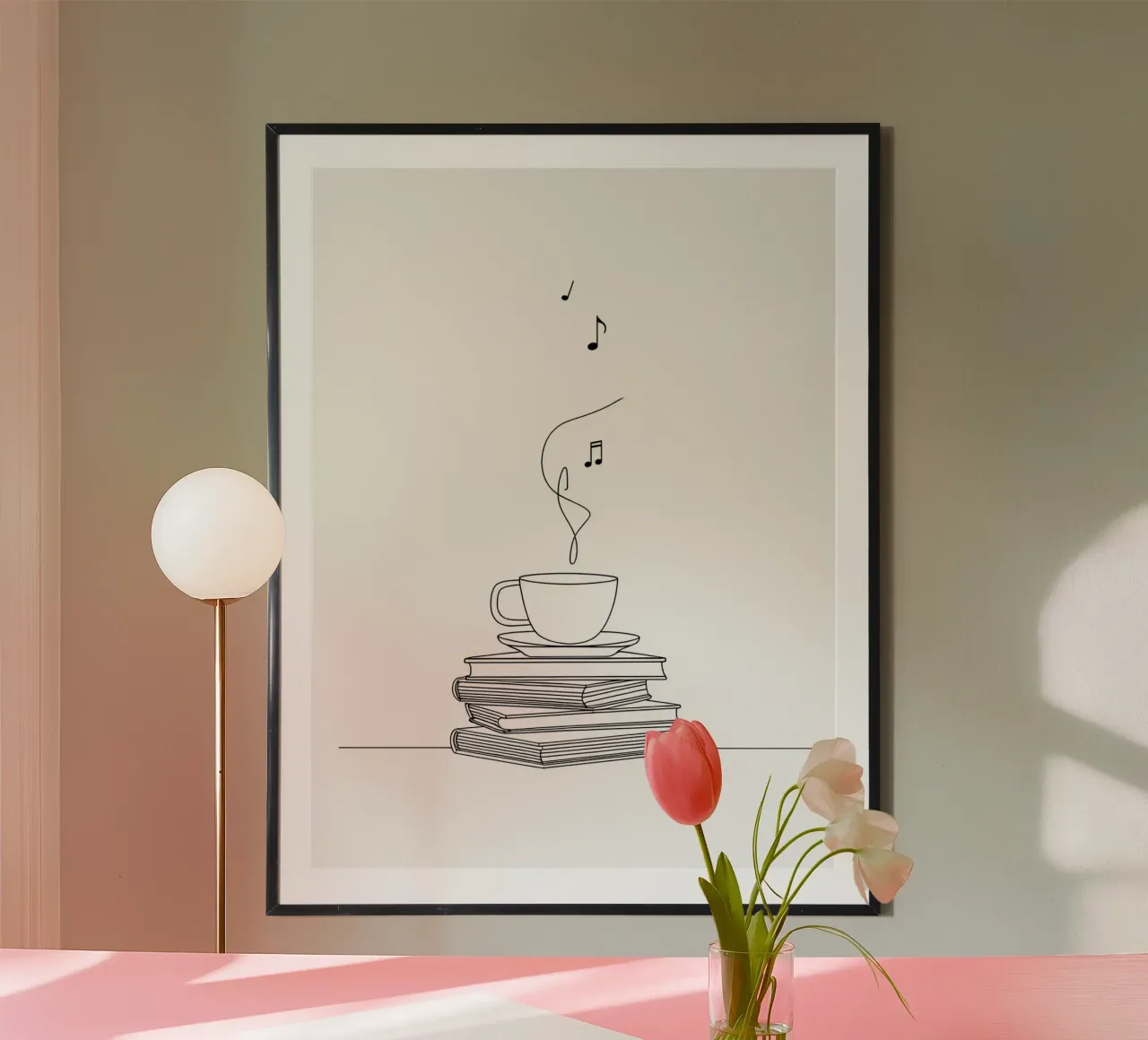 Libri, caffè e musica Line Art minimalista poster con telaio in legno da Viv Line Art