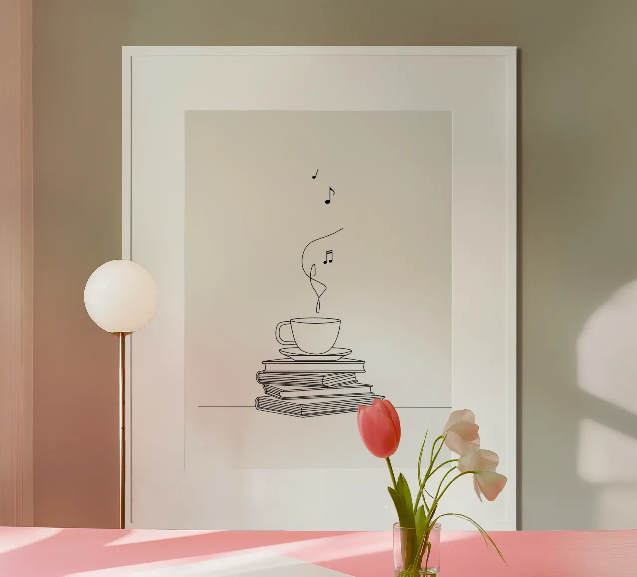 Libri, caffè e musica Line Art minimalista poster con telaio in legno da Viv Line Art