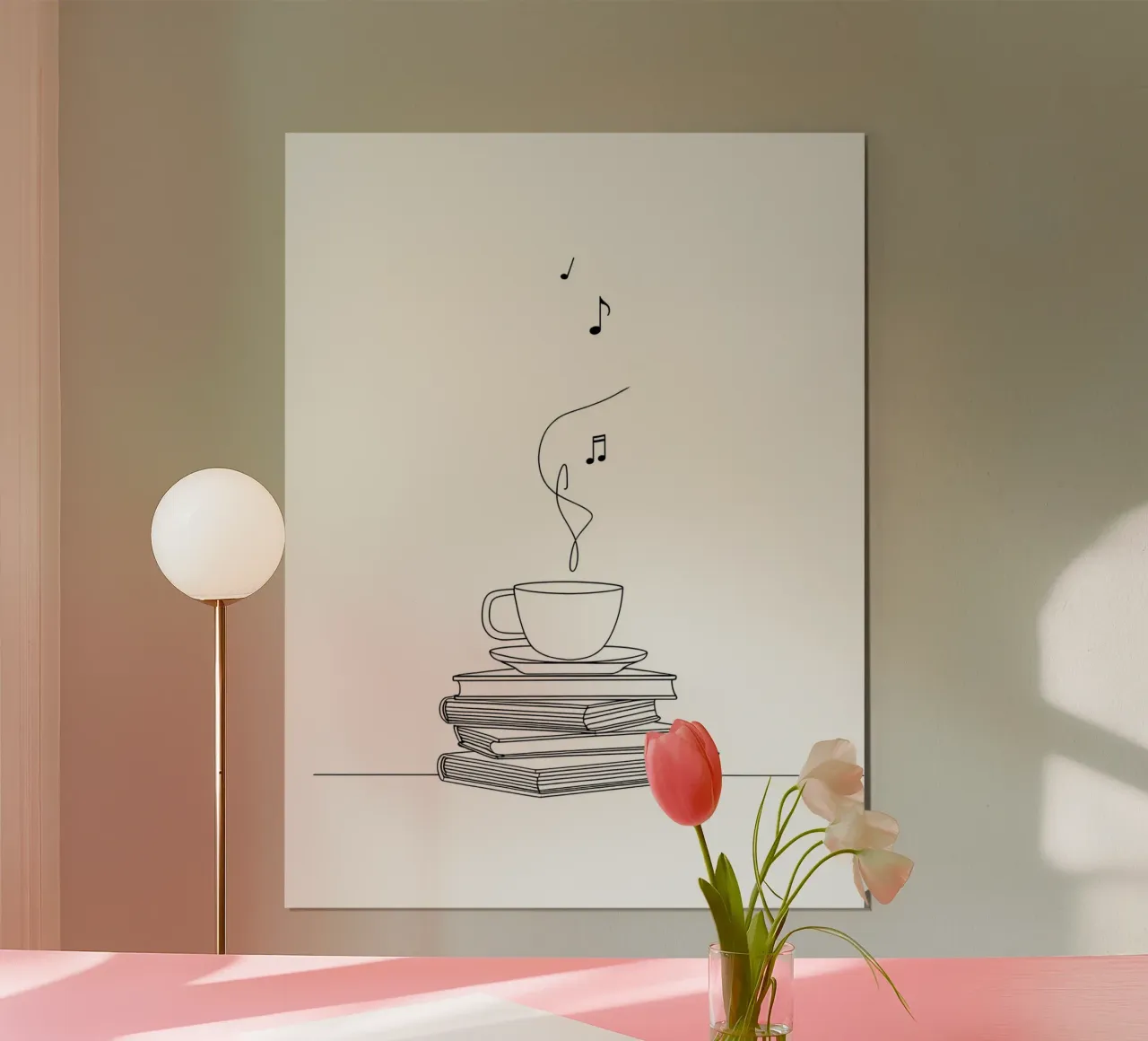 Libri, caffè e musica Line Art minimalista poster con telaio in legno da Viv Line Art
