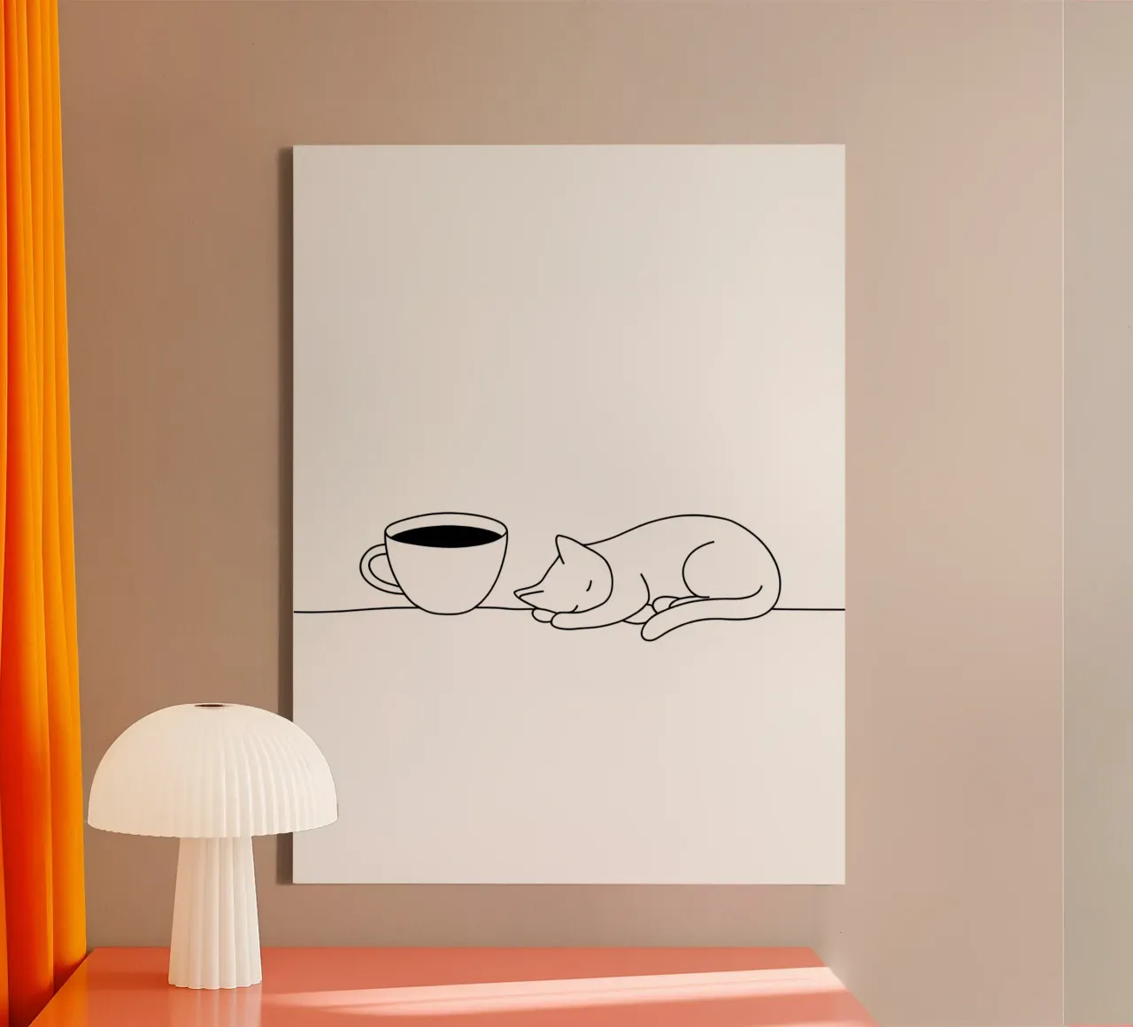 Gatto e caffè Line Art minimalista tela con Cornice a cassetta da Viv Line Art