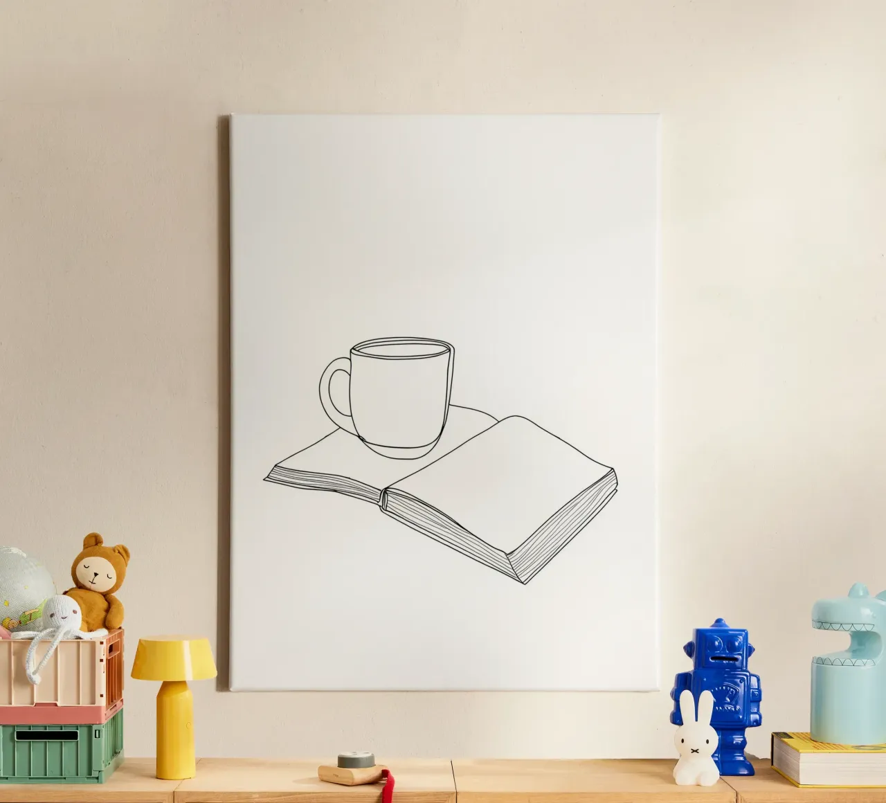 Caffè e libro Line Art minimalista tela con Cornice a cassetta da Viv Line Art