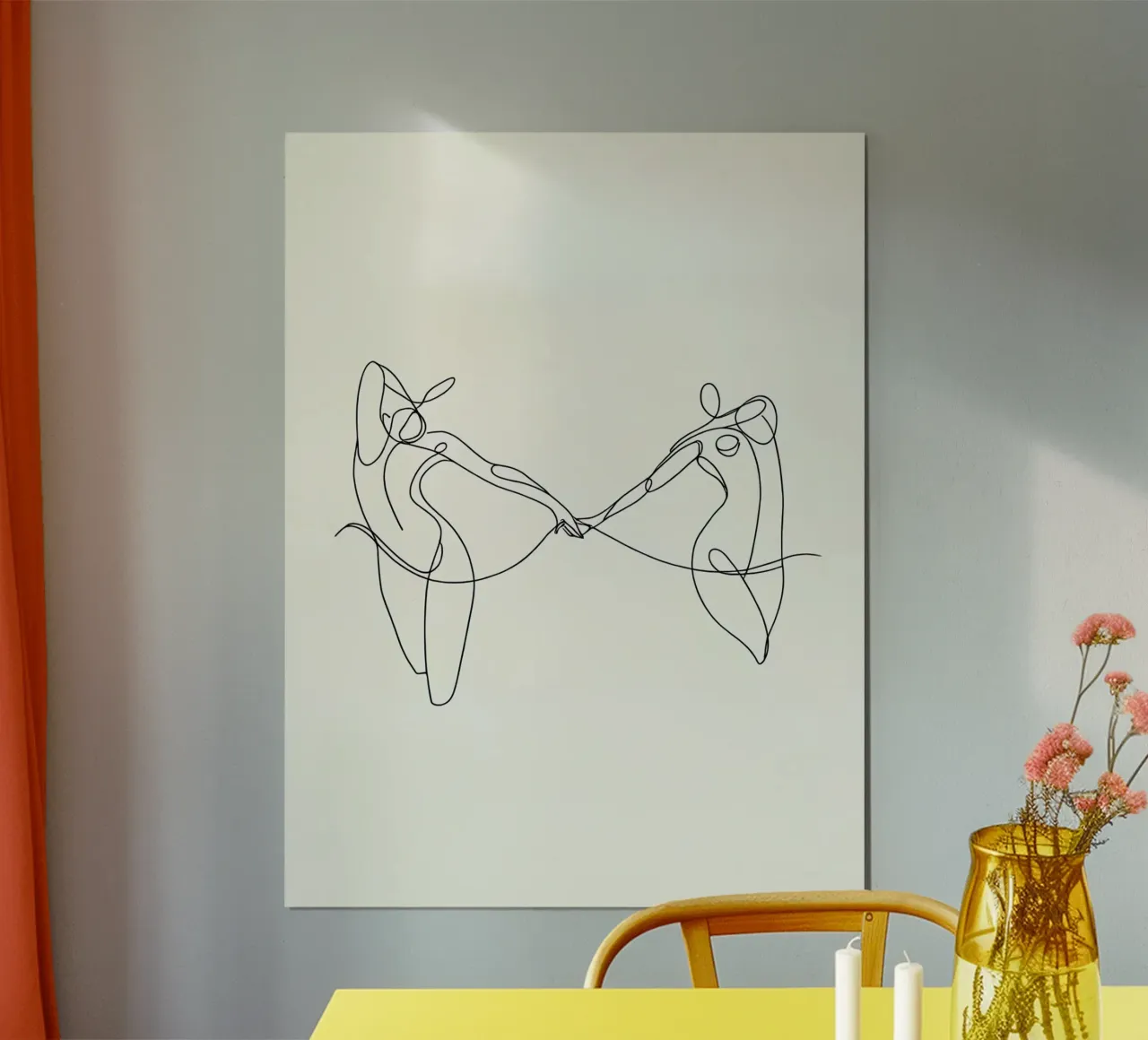Dancing In Love Minimalist Line Art poster with wooden frame by Viv Line Art