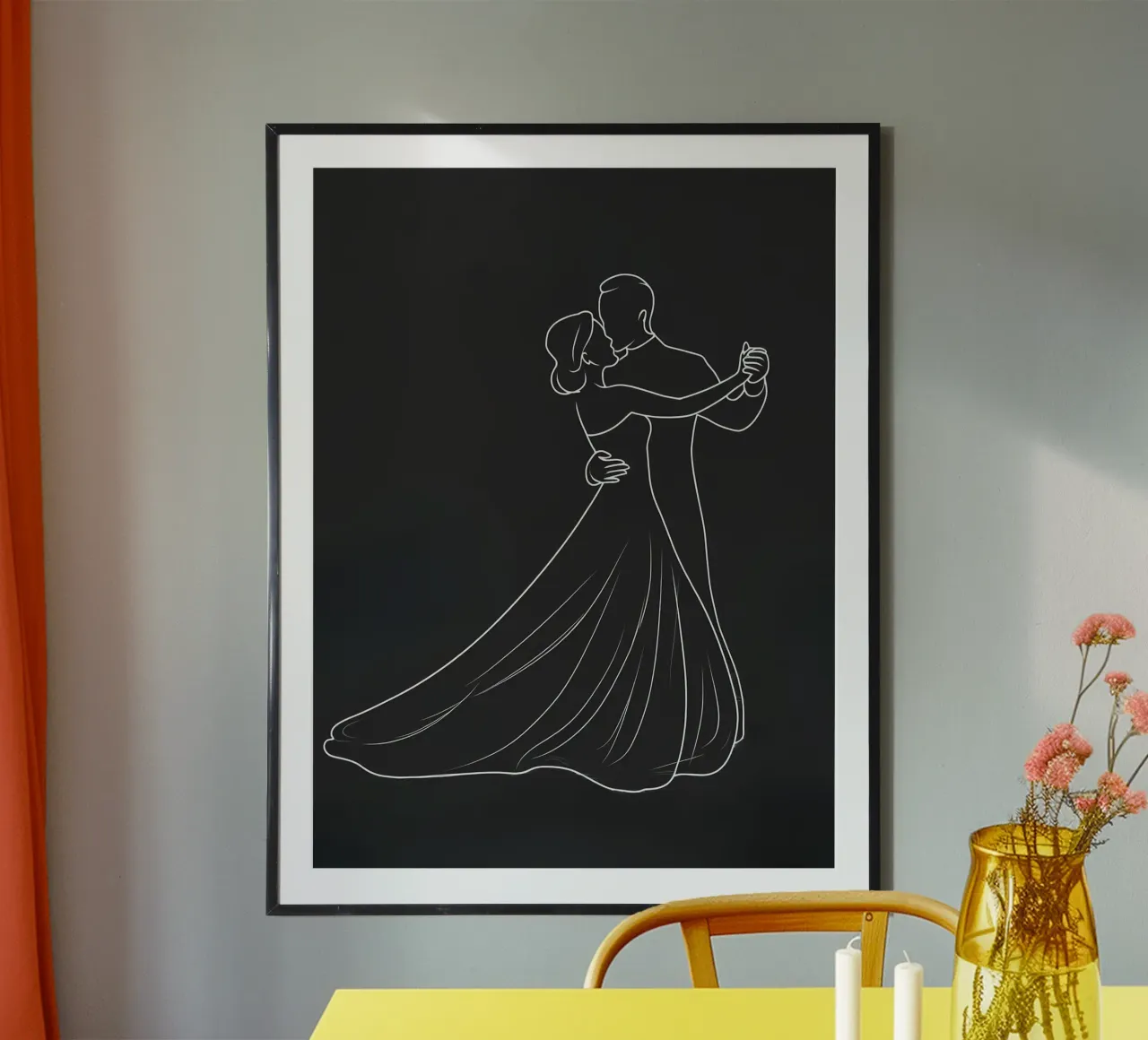 Couple Dancing Minimalist Line Art poster with wooden frame by Viv Line Art