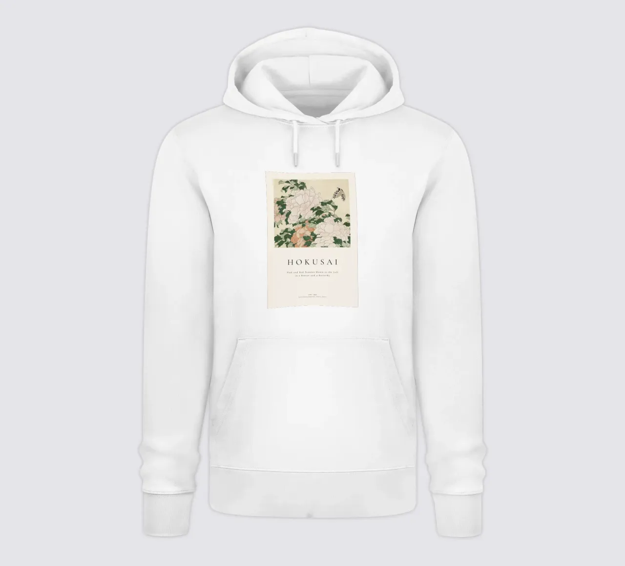 Hokusai - Pink and Red Peonies Blown to the Left in a Breeze and a Butterfly felpa con cappuccio da ARTOTHEK