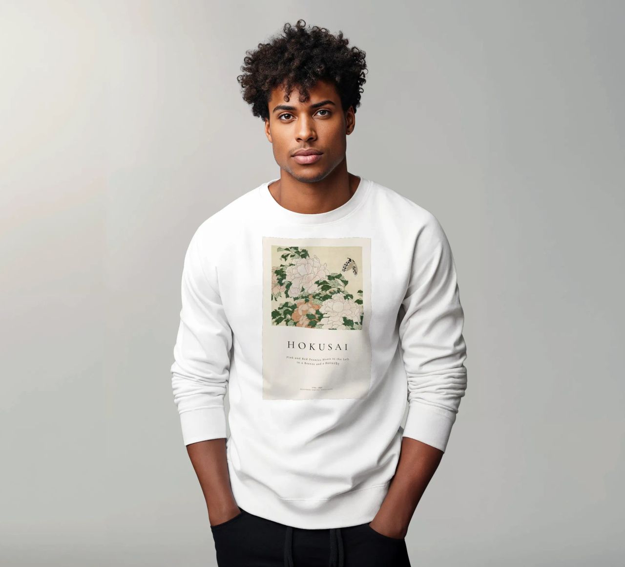 Hokusai - Pink and Red Peonies Blown to the Left in a Breeze and a Butterfly sweat de ARTOTHEK