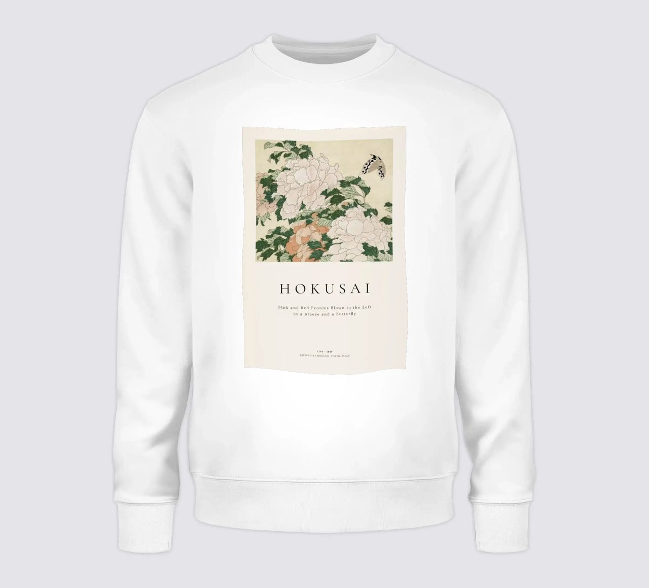 Hokusai - Pink and Red Peonies Blown to the Left in a Breeze and a Butterfly sweat de ARTOTHEK