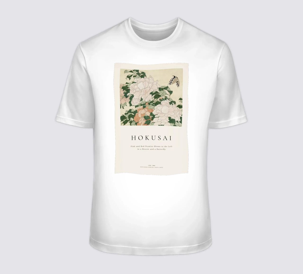 Hokusai - Pink and Red Peonies Blown to the Left in a Breeze and a Butterfly t-shirt de ARTOTHEK