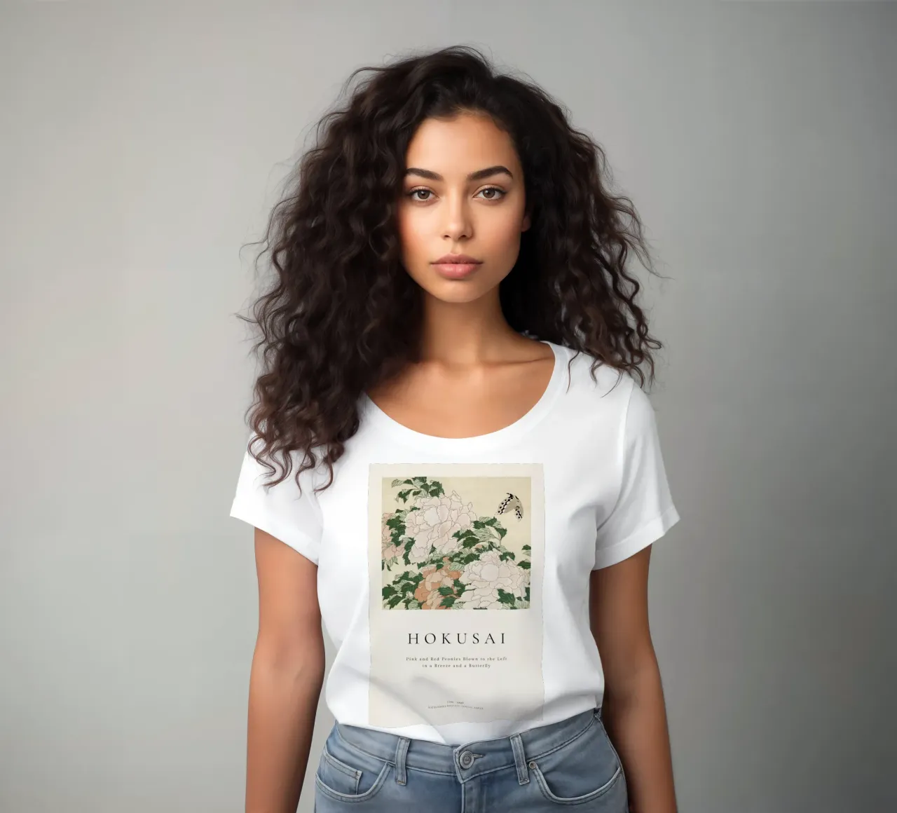 Hokusai - Pink and Red Peonies Blown to the Left in a Breeze and a Butterfly t-shirt da donna da ARTOTHEK