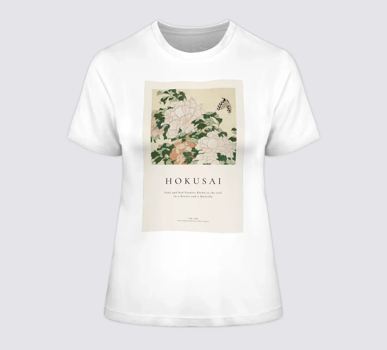 Hokusai - Pink and Red Peonies Blown to the Left in a Breeze and a Butterfly t-shirt da donna da ARTOTHEK