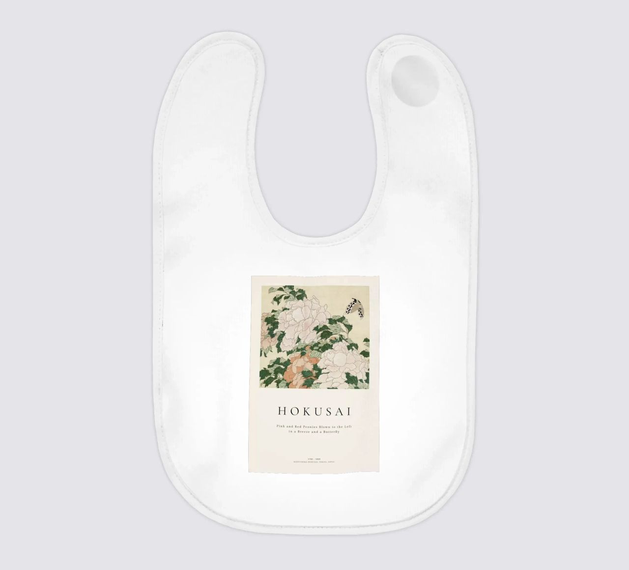 Hokusai - Pink and Red Peonies Blown to the Left in a Breeze and a Butterfly baby bib by ARTOTHEK