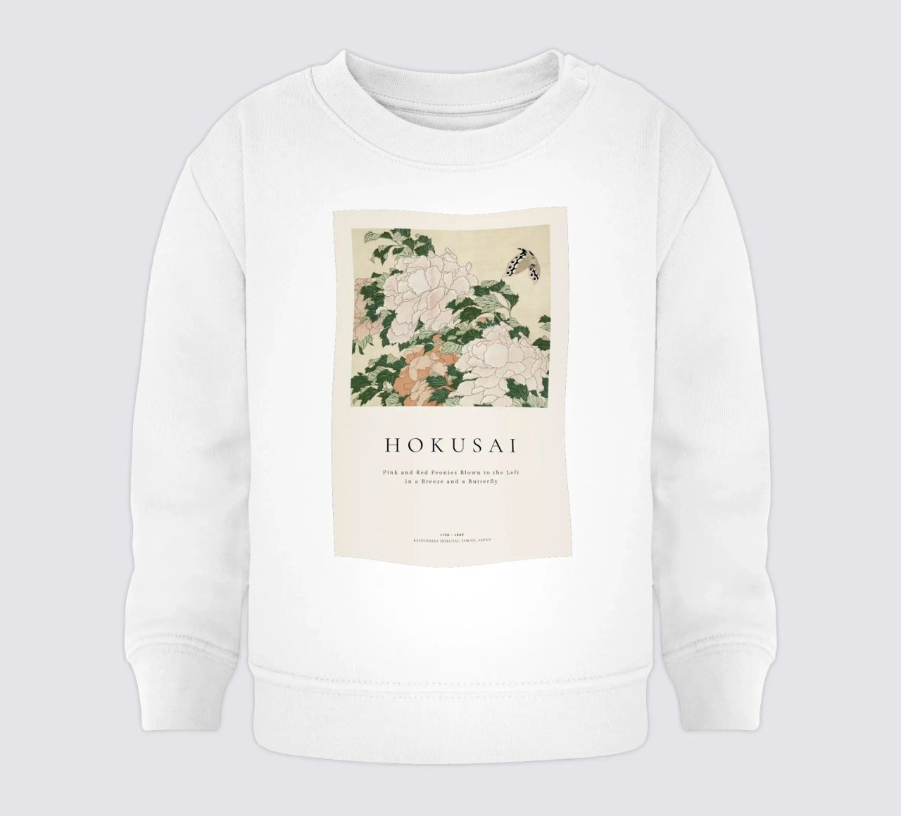 Hokusai - Pink and Red Peonies Blown to the Left in a Breeze and a Butterfly sweat pour bébé de ARTOTHEK