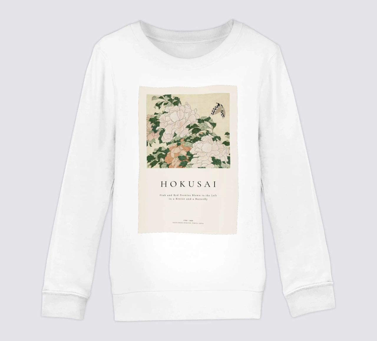 Hokusai - Pink and Red Peonies Blown to the Left in a Breeze and a Butterfly sweat enfant de ARTOTHEK