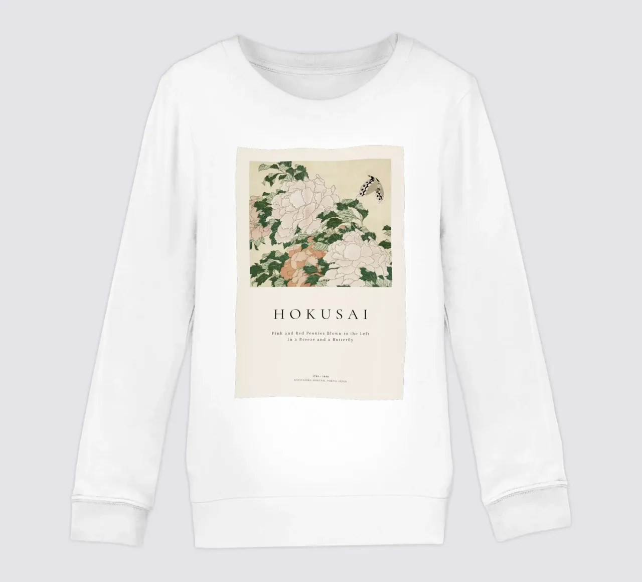 Hokusai - Pink and Red Peonies Blown to the Left in a Breeze and a Butterfly felpa bambino da ARTOTHEK