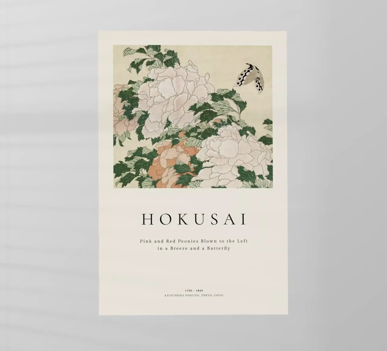 Hokusai - Pink and Red Peonies Blown to the Left in a Breeze and a Butterfly pellicola backlit da ARTOTHEK