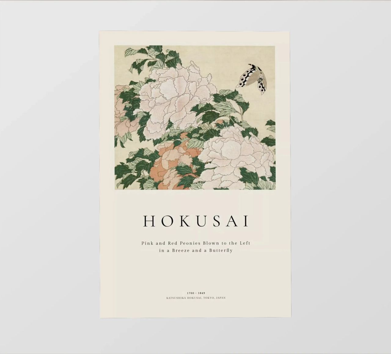 Hokusai - Pink and Red Peonies Blown to the Left in a Breeze and a Butterfly pellicola backlit da ARTOTHEK