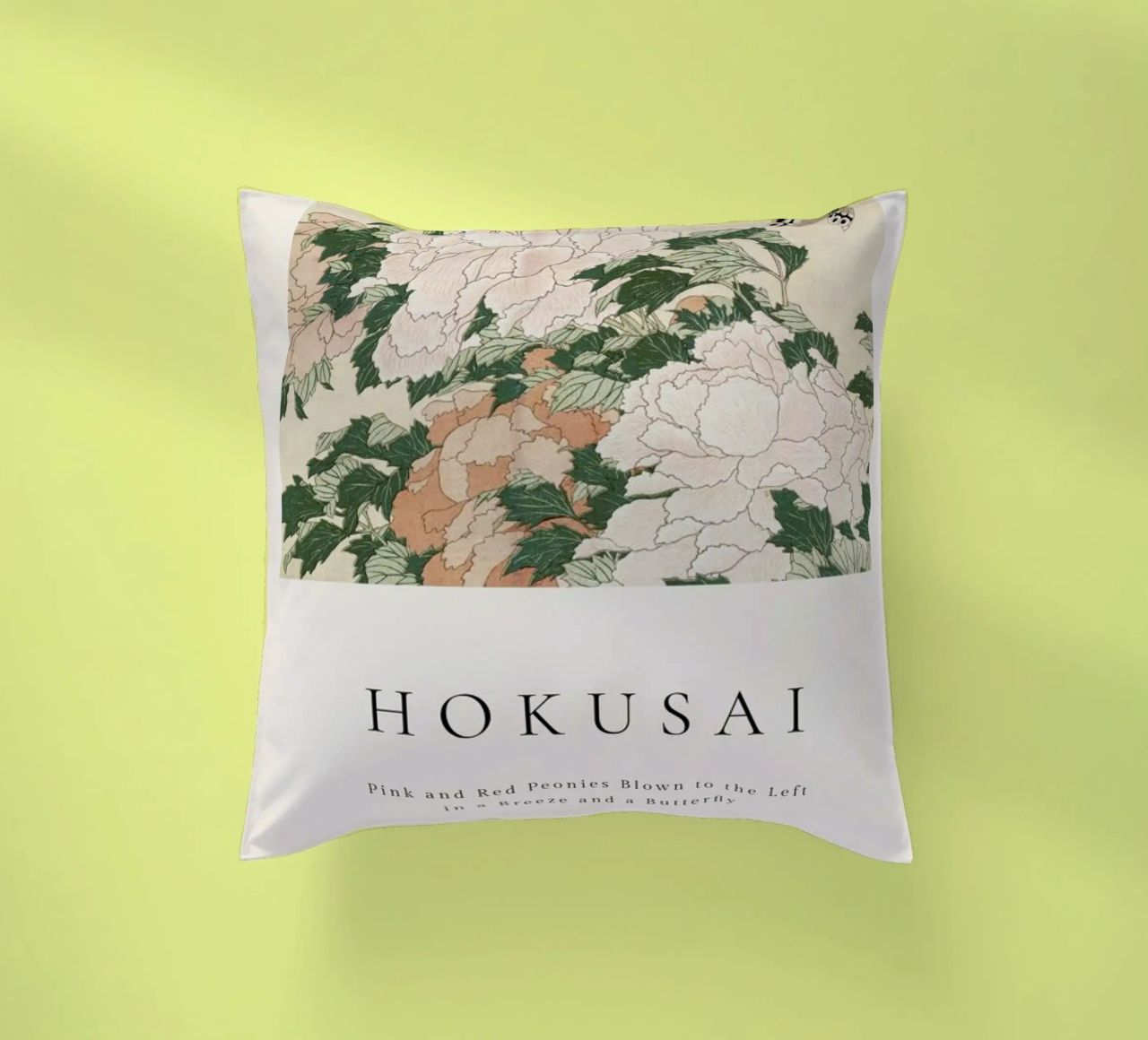 Hokusai - Pink and Red Peonies Blown to the Left in a Breeze and a Butterfly coussin de ARTOTHEK