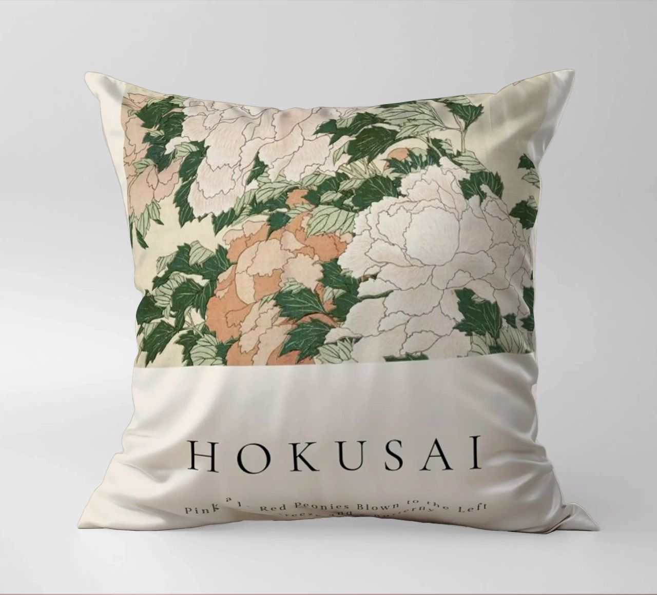 Hokusai - Pink and Red Peonies Blown to the Left in a Breeze and a Butterfly coussin de ARTOTHEK