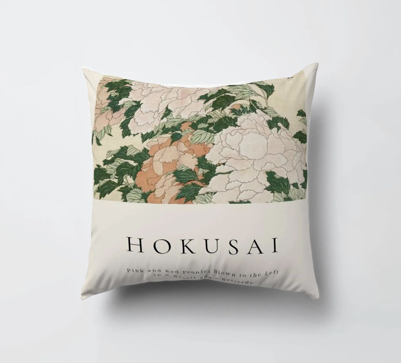 Hokusai - Pink and Red Peonies Blown to the Left in a Breeze and a Butterfly coussin de ARTOTHEK