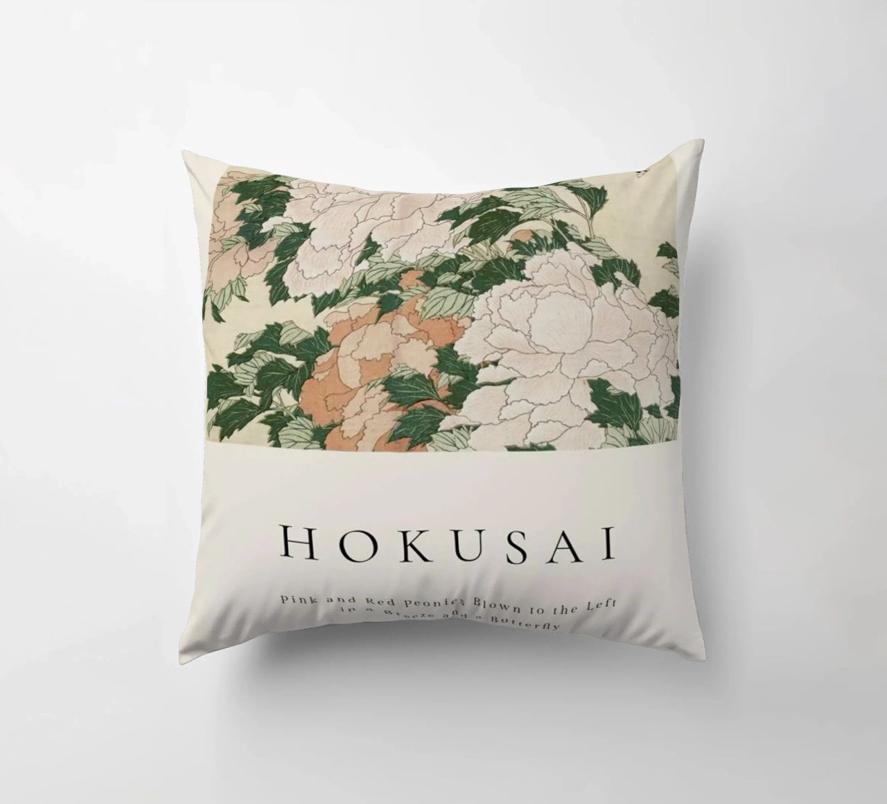 Hokusai - Pink and Red Peonies Blown to the Left in a Breeze and a Butterfly coussin de ARTOTHEK
