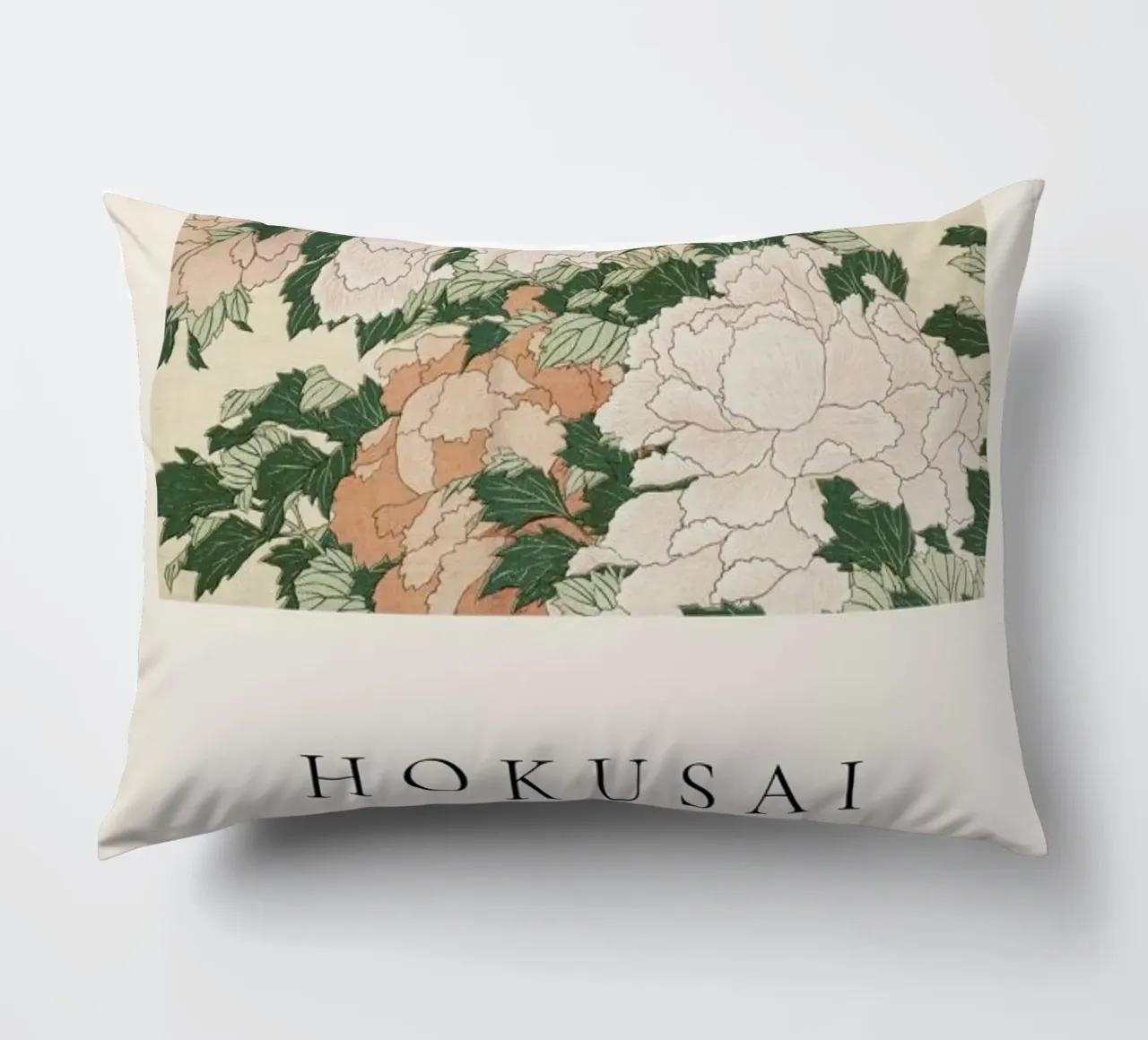 Hokusai - Pink and Red Peonies Blown to the Left in a Breeze and a Butterfly cuscino da ARTOTHEK