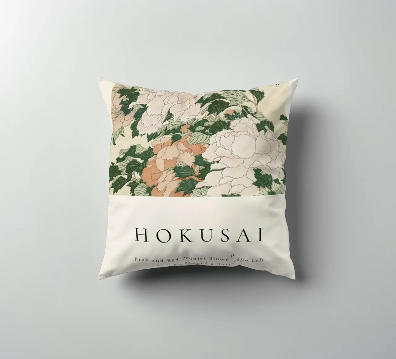 Hokusai - Pink and Red Peonies Blown to the Left in a Breeze and a Butterfly cuscino da ARTOTHEK