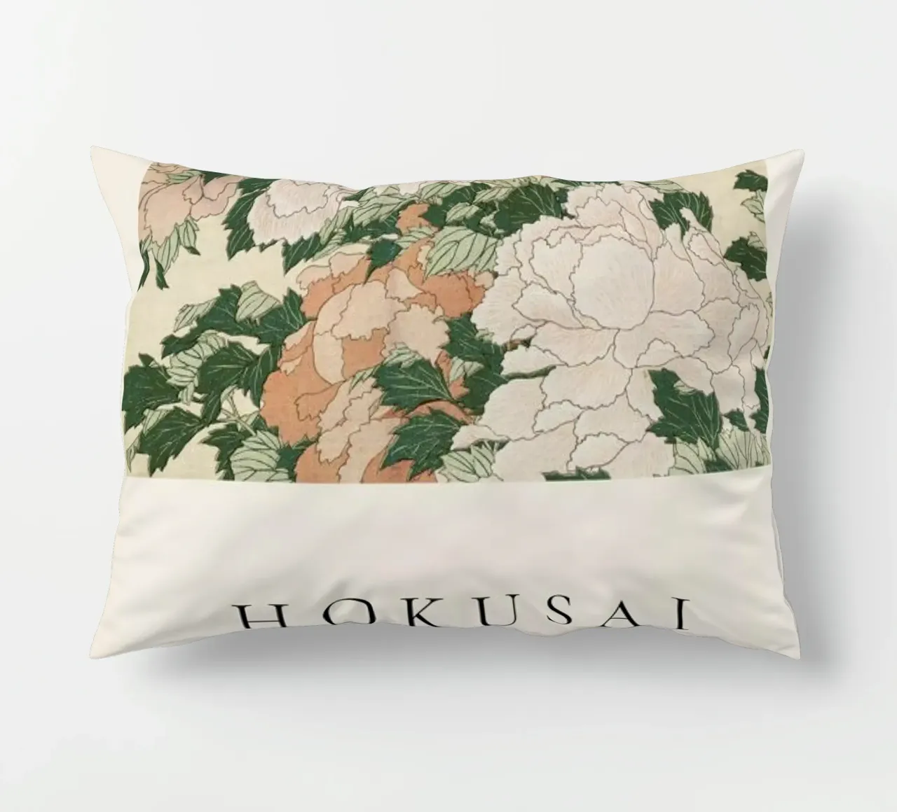 Hokusai - Pink and Red Peonies Blown to the Left in a Breeze and a Butterfly cuscino da ARTOTHEK