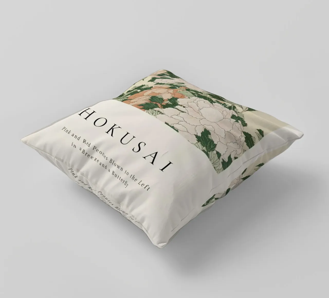 Hokusai - Pink and Red Peonies Blown to the Left in a Breeze and a Butterfly cuscino da ARTOTHEK
