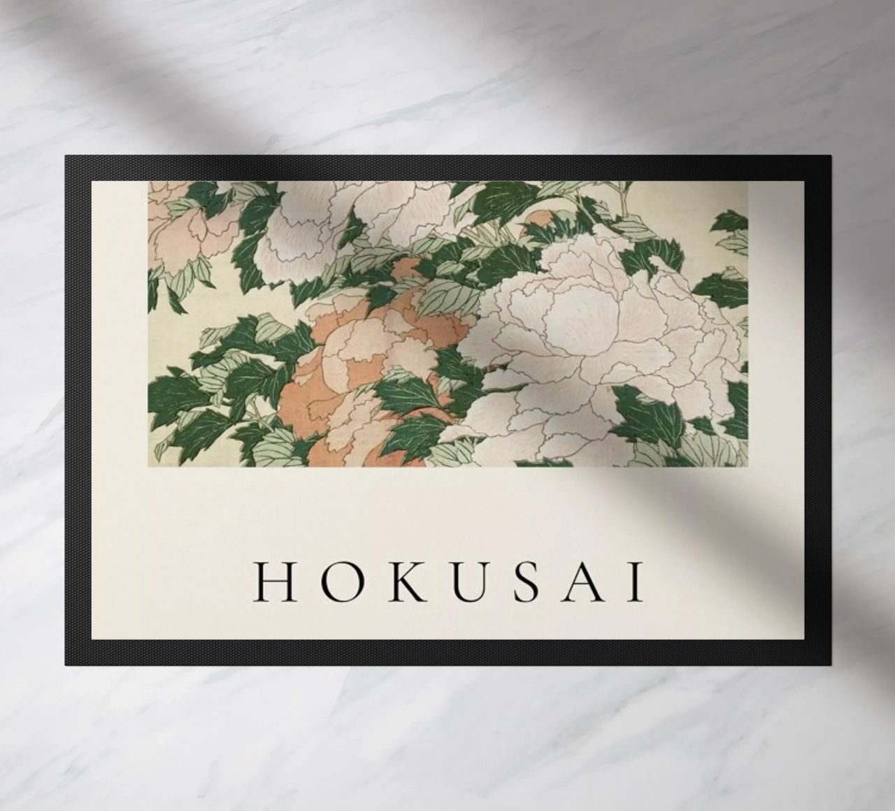 Hokusai - Pink and Red Peonies Blown to the Left in a Breeze and a Butterfly paillasson de ARTOTHEK